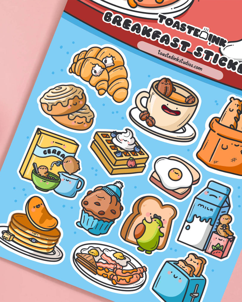 Fun and colourful Toastedink Breakfast Stickers, available from Rebel Romance. Features croissants, muffins, avocados on toast, cereal and more in cute kawaii-style characters. Perfect for journals, scrapbooks and stationery lovers.