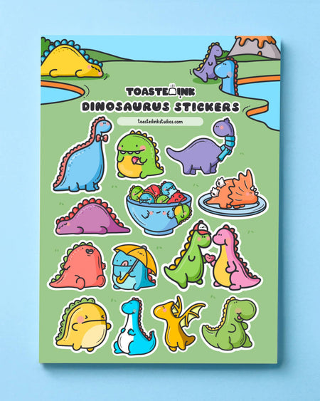 Cute Dinosaurus Sticker Sheet by Toastedink, with 15 colourful cartoon dinosaurs in playful poses. Perfect for bullet journaling or snail mail. Printed in the UK and sold by Rebel Romance, a small business celebrating the quirky and cute.