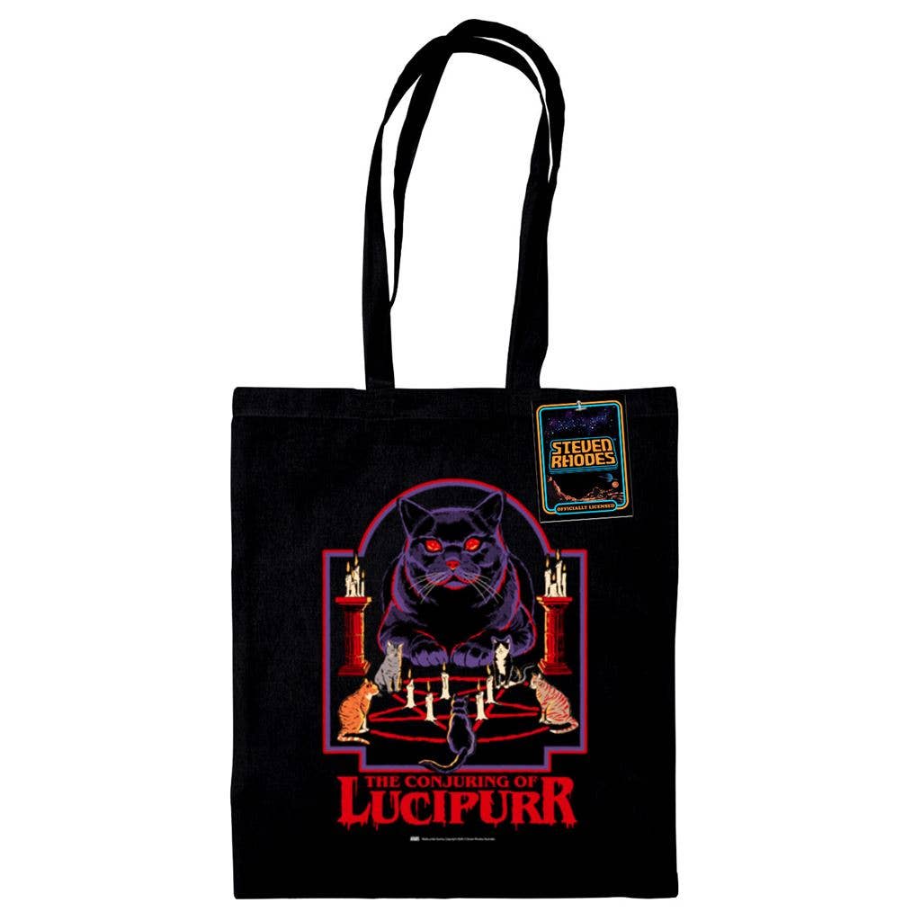 A black tote bag featuring Steven Rhodes’ “The Conjuring of Lucipurr” design. The artwork shows a black cat with glowing red eyes sitting amidst candles and a pentagram, exuding gothic and occult vibes. The text “The Conjuring of Lucipurr” appears in bold red, dripping letters. A perfect blend of spooky and quirky style.