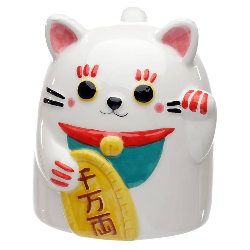 Front view of the maneki neko lucky cat ceramic mug standing upright, showing detailed facial features, whiskers, ears, and golden coin with Japanese characters. A cute and alternative mug available at Rebel Romance.