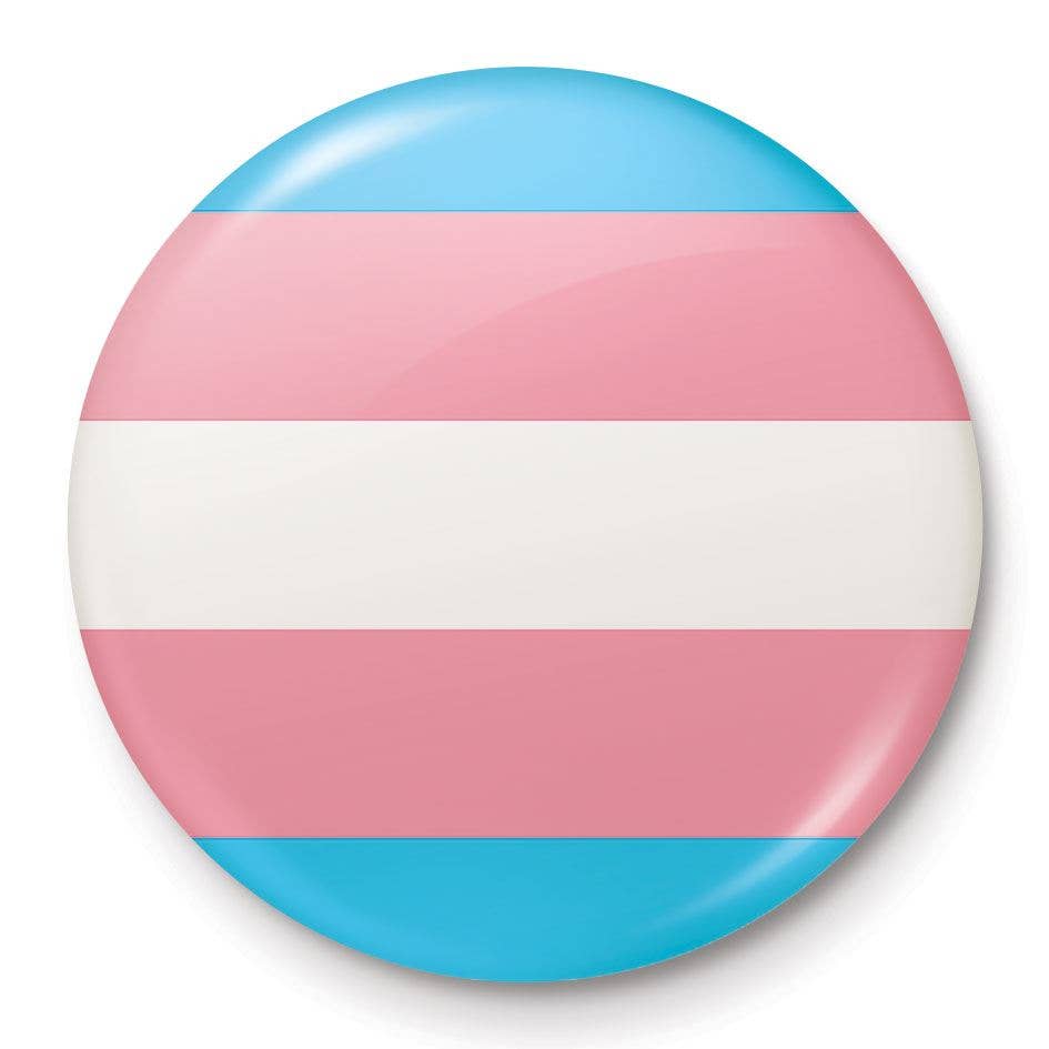 
A 25mm round lapel pin displaying the transgender pride flag. The flag has five horizontal stripes: pastel blue at the top and bottom, pink next to the blue stripes, and white in the centre. The glossy finish enhances the soft and vibrant colours.