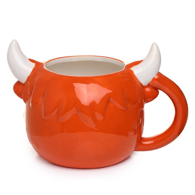 Back view of Rebel Romance’s Highland Coo Cow Head Ceramic Shaped Mug. This glossy orange mug features 3D white horns and handle. Quirky and cute with a western style twist.