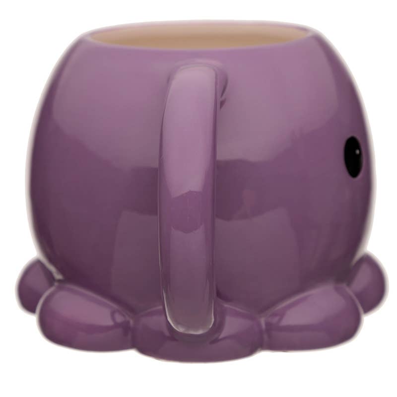 Side view of the Adoramals Octopus Shaped Mug by Rebel Romance, showing the smooth purple ceramic surface and rounded octopus body.