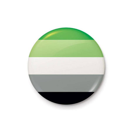 Close-up of a 25mm circular Aromantic Pride badge featuring green, white, grey, and black stripes with a metal pin back.