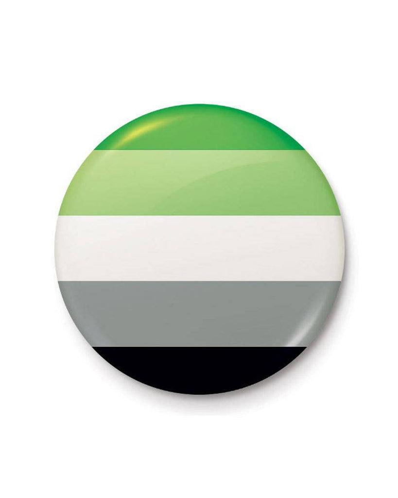 Close-up of a 25mm circular Aromantic Pride badge featuring green, white, grey, and black stripes with a metal pin back.