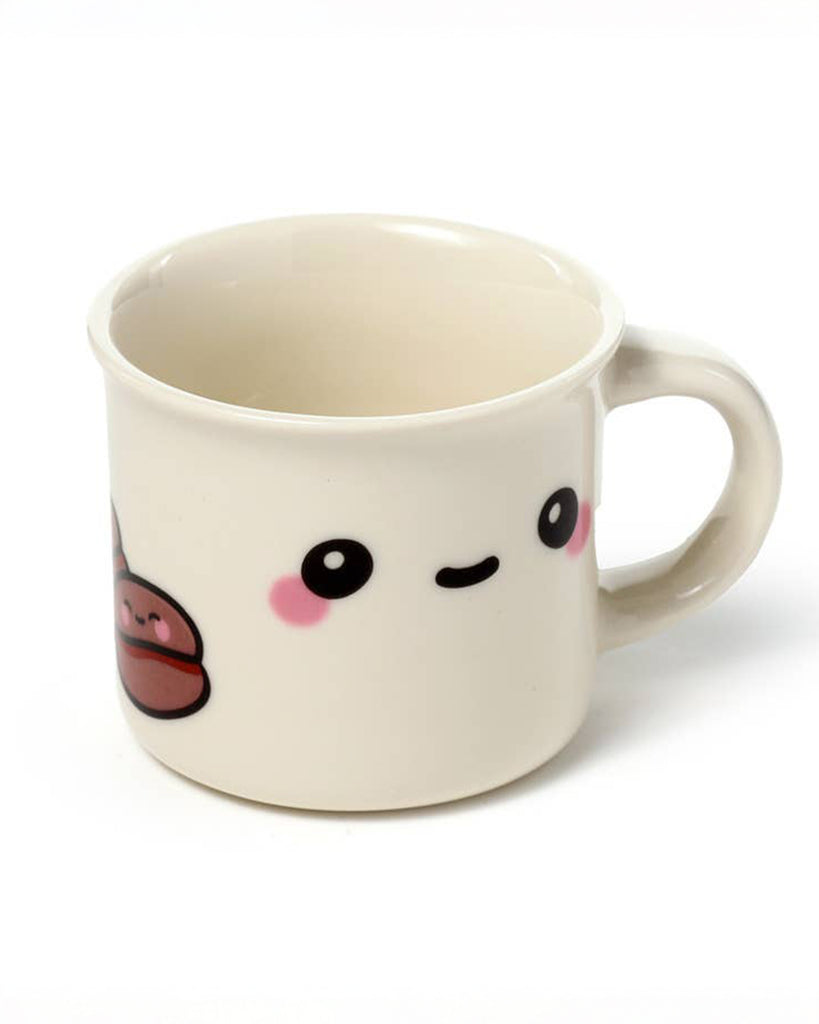 Foodiemals espresso cup set by Rebel Romance shown, 1 cup shown outside of the box. Features a kawaii-style porcelain cups with smiling blushed cheek expression, perfect for gifting to a coffee-obsessed friend or treating yourself.