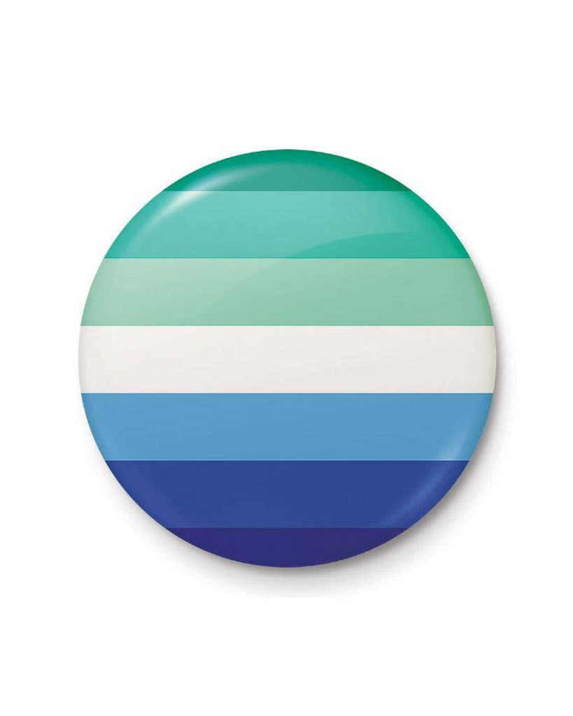 A round circular badge with the gay man pride flag in green, white and blue horizontal stripes.