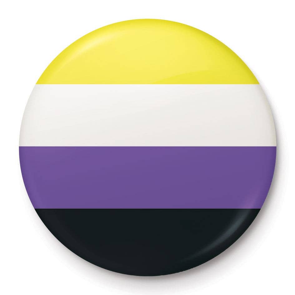 A 25mm round lapel pin featuring the non-binary pride flag. The flag is composed of four horizontal stripes: yellow at the top, followed by white, purple, and black. The glossy finish enhances the vibrant colours.