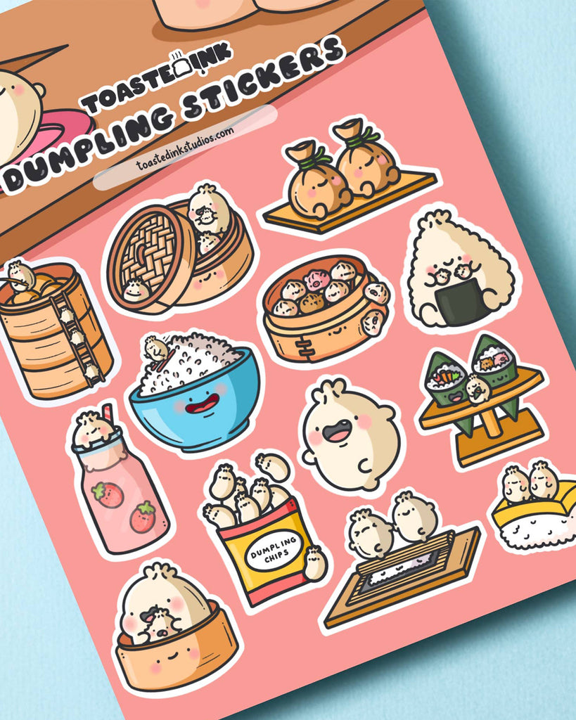 Cute dumpling sticker sheet by Toastedink featuring kawaii food characters including dumplings, rice bowls, onigiri and more. Perfect for journaling, laptops and planners. Sold by Rebel Romance, a UK-based alternative lifestyle shop for quirky and fun-loving millennials.