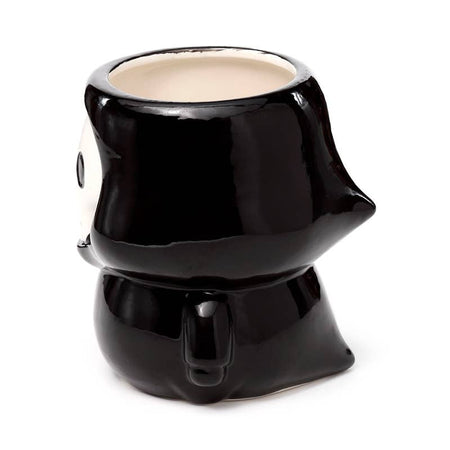 Side view of the Skull Boy Ceramic Shaped Mug by Rebel Romance, showing the figure’s black hood and robed form. A fun gothic twist for your morning brew.