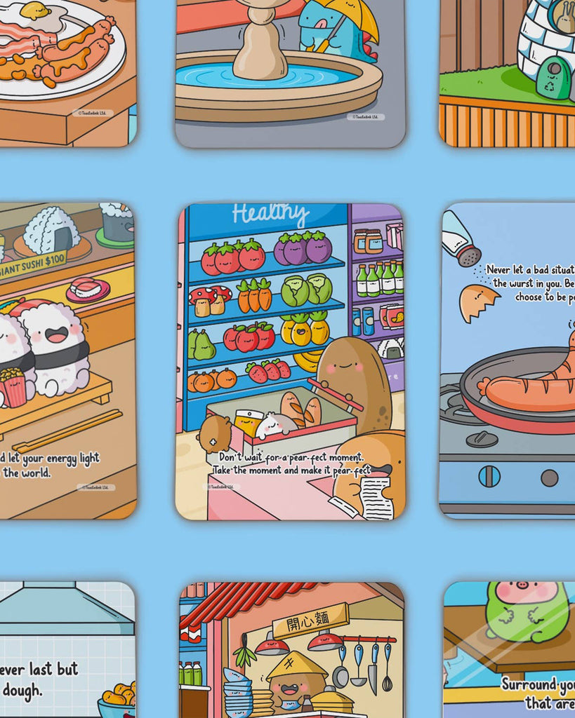 A Toastedink affirmation card featuring cute fruit characters shopping in a cartoon supermarket with the pun “Don’t wait for a pear-fect moment, take the moment and make it pear-fect.”