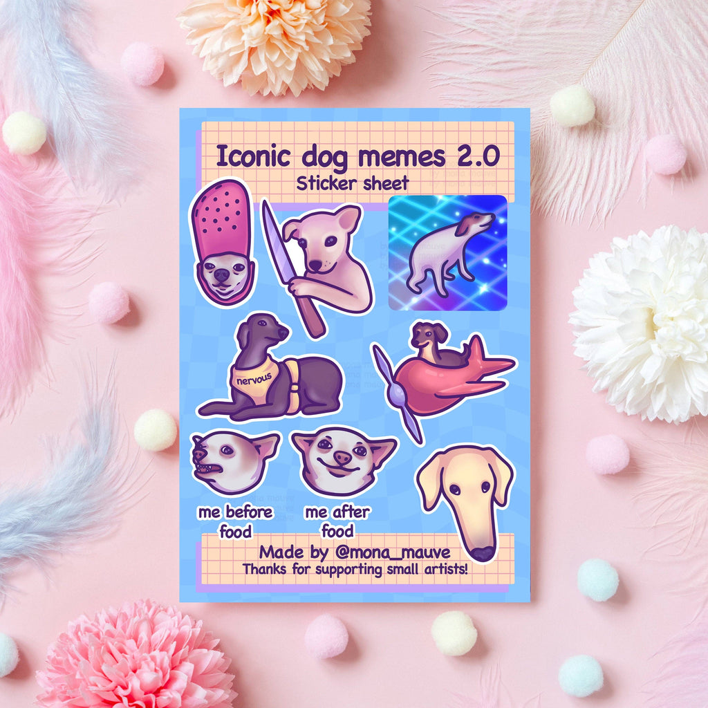 Flat lay of the Iconic Dog Memes 2.0 Sticker Sheet by Mona Mauve, featuring 10 colourful waterproof vinyl stickers inspired by popular dog memes. Includes meme dogs with captions like "me before food" and "nervous." Set on a pink background with flowers and pastel pompoms. A fun, quirky gift for dog lovers and meme fans.