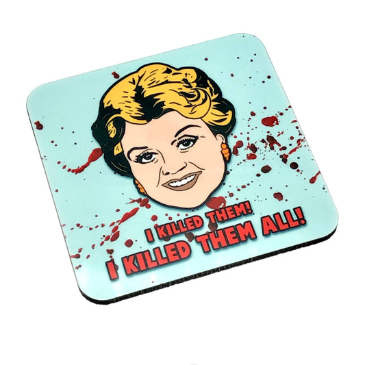 Quirky square drinks coaster from Rebel Romance featuring a cartoon-style illustration inspired by Murder She Wrote, with a smiling face, blood splatters, and the bold caption “I Killed Them! I Killed Them All!” in red. Designed by Bite Your Granny. Alternative homeware gift for TV fans and lovers of dark humour. Fun and gothic novelty item with a cork backing and satin finish.