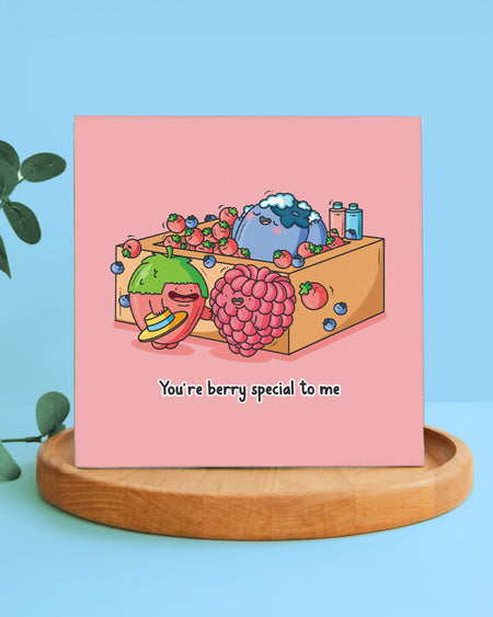 Cute pink greeting card by Toastedink stocked at Rebel Romance, featuring a smiling strawberry, raspberry and blueberry pun design with the message "You're berry special to me". Great for fruit lovers and quirky card fans.