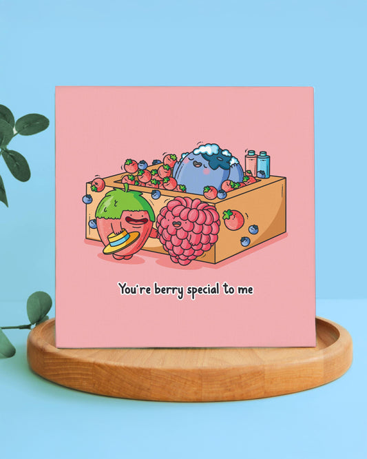 Cute pink greeting card by Toastedink stocked at Rebel Romance, featuring a smiling strawberry, raspberry and blueberry pun design with the message "You're berry special to me". Great for fruit lovers and quirky card fans.