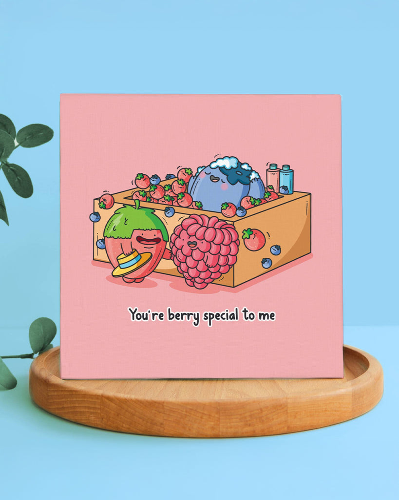 Cute pink greeting card by Toastedink stocked at Rebel Romance, featuring a smiling strawberry, raspberry and blueberry pun design with the message "You're berry special to me". Great for fruit lovers and quirky card fans.