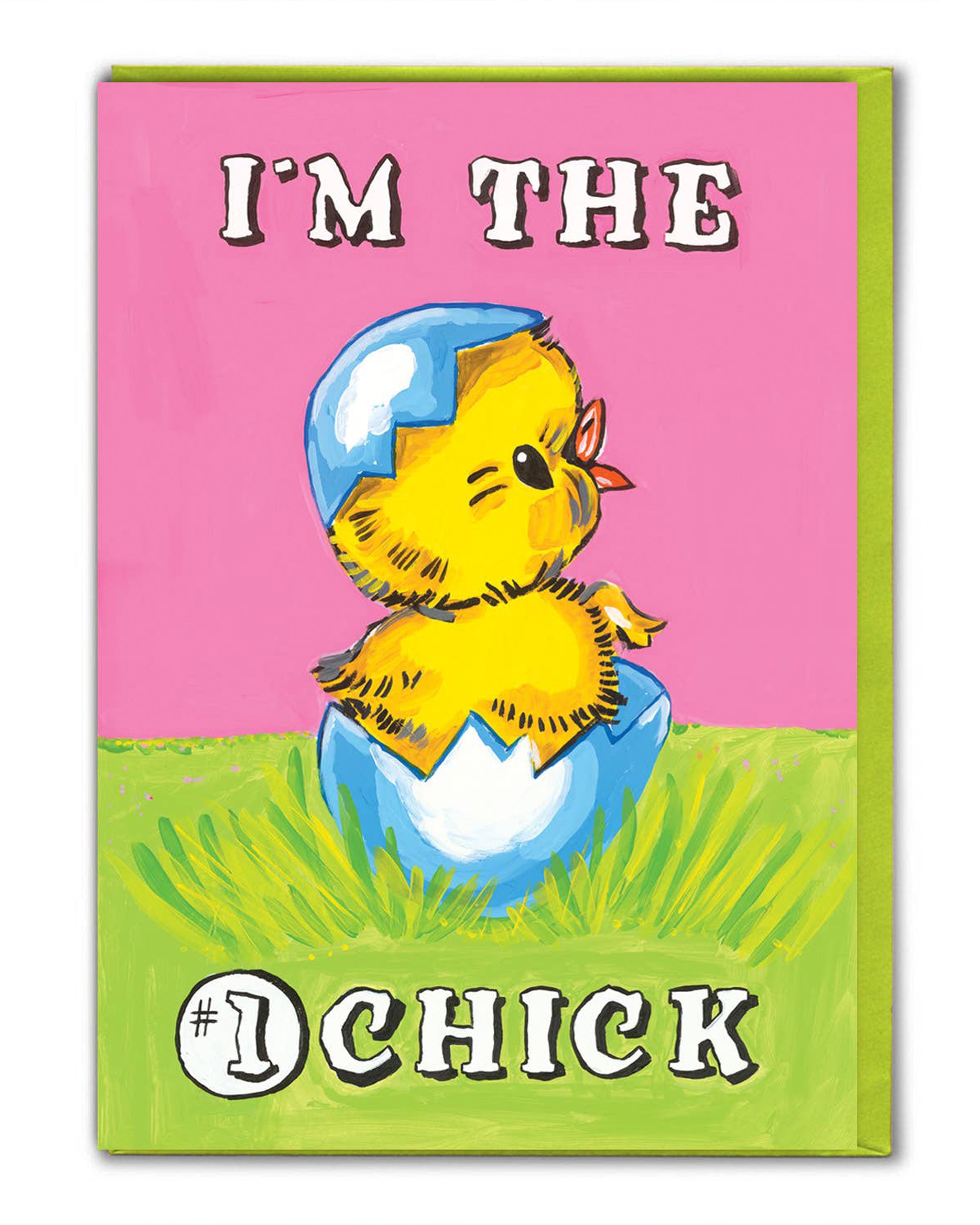 No 1 Chick greeting card by Magda Archer, available at Rebel Romance. This kitschy cute design features a bright yellow chick hatching from a blue eggshell with the slogan 