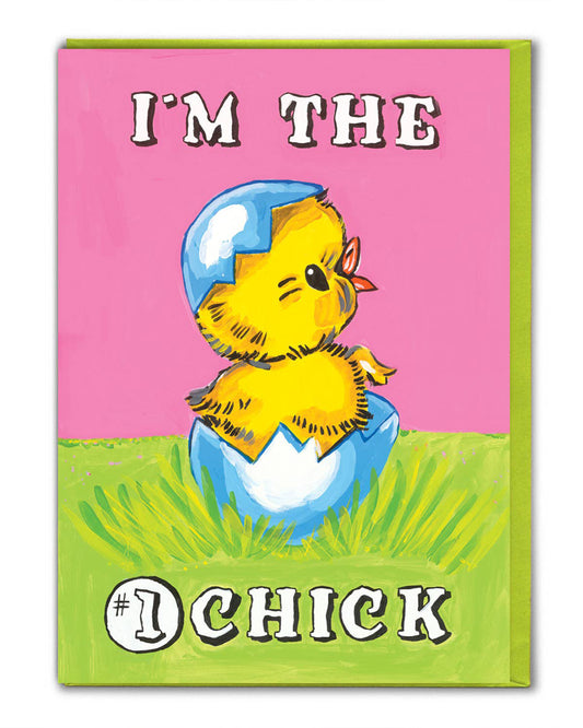No 1 Chick greeting card by Magda Archer, available at Rebel Romance. This kitschy cute design features a bright yellow chick hatching from a blue eggshell with the slogan "I’m the #1 Chick" on a pink background. A fun, retro-inspired card printed in the UK on sustainable FSC accredited card stock. Perfect for birthdays, Easter, or quirky everyday greetings.