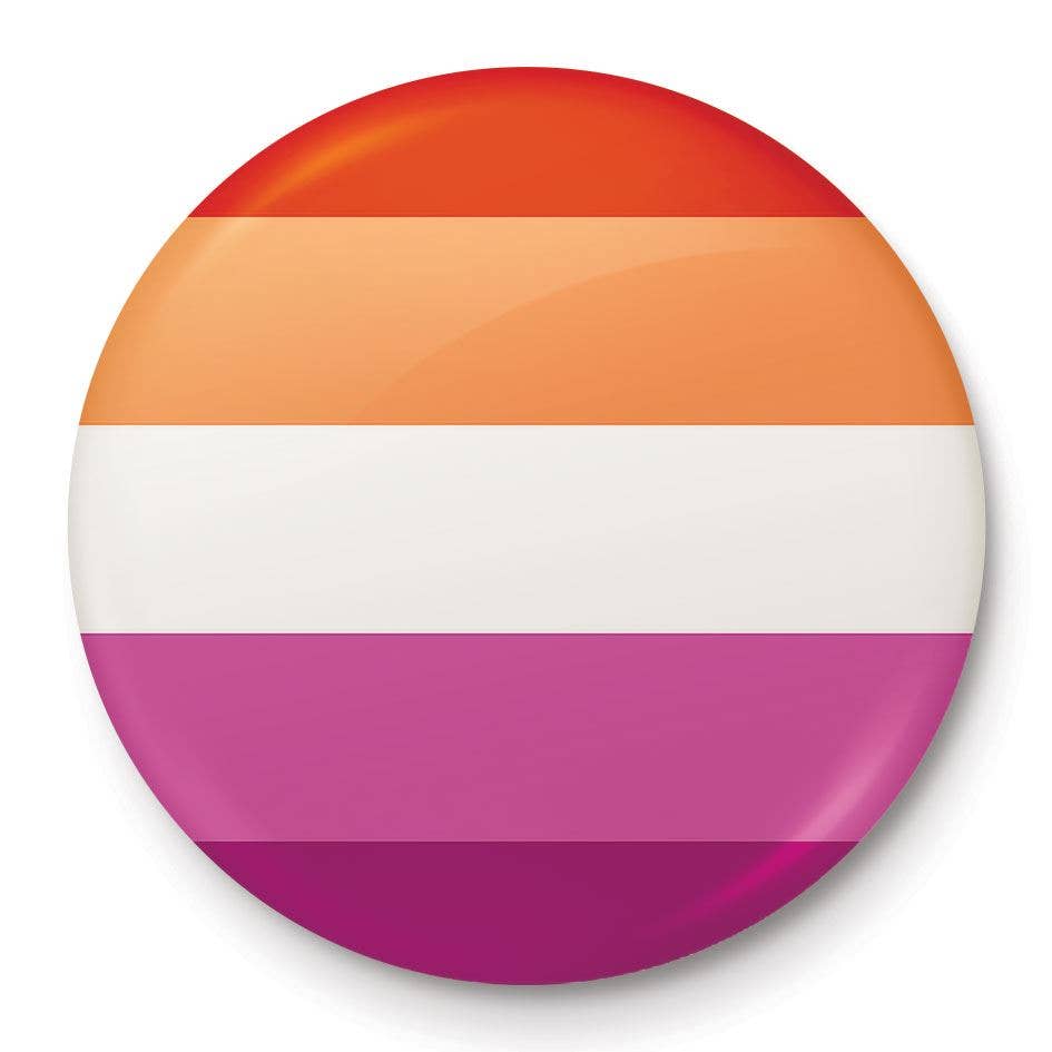A 25mm round lapel pin featuring the lesbian pride flag with five horizontal stripes: dark orange, light orange, white, light pink, and dark pink. The glossy finish enhances the warm and vibrant colours, creating a striking and elegant design.