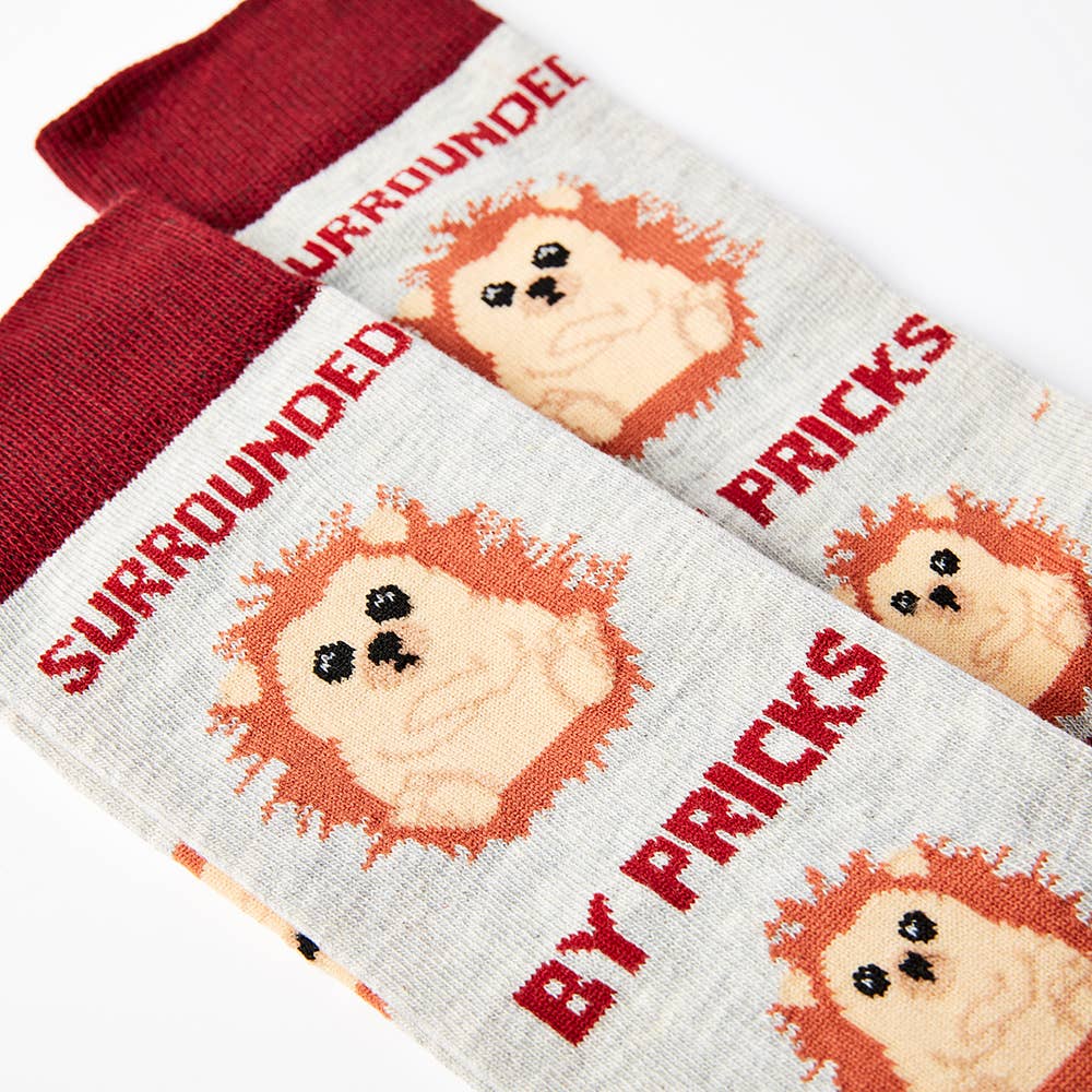 Urban Eccentric novelty socks with a cute cartoon hedgehog and bold red text that reads “Surrounded by Pricks.” Funny slogan socks available at Rebel Romance.