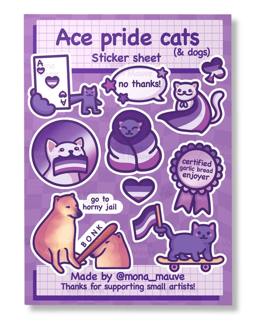 Sticker sheet with various cats and related graphics on a purple grid background