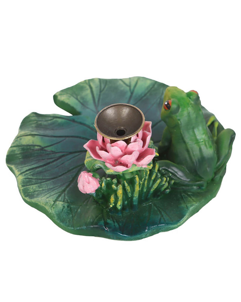 Overhead view of the incense burner, highlighting the lotus-shaped incense holder and frog detail.