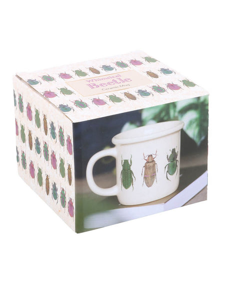 box shot of the MUG WITH BEETLE PRINT. there are three different beetles drawn on the mug