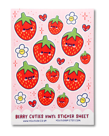 Vinyl sticker sheet with cute strawberry designs on a pink background