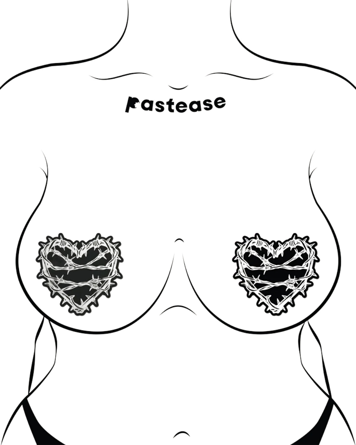 The Barbed Wire Heart Pasties Reflective Nipple Covers by Pastease®. Two black hearts with silver reflective barbed wire patterned shaped nipple covers shown on a femme body outline for size reference on a white background. Perfect for festivals, pride, burlesque, raves, only fans content or parties.