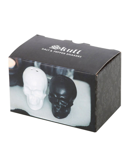 Box packaging for the skull salt and pepper shakers, showing product image and gothic-themed design.
