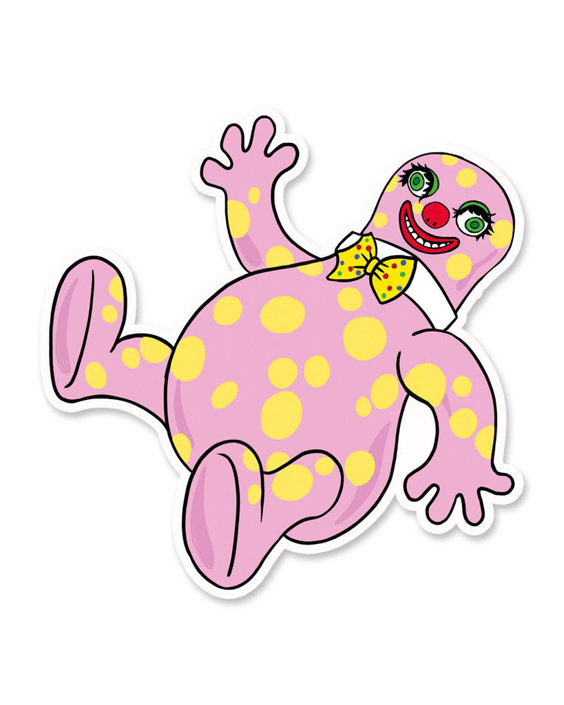 Blobby Vinyl Sticker from Rebel Romance, featuring a playful pink and yellow polka-dot character with a big red nose, green eyes, and a bow tie. Designed by Bite Your Granny, this quirky sticker is perfect for decorating laptops, water bottles, or journals. A fun and alternative gift from a small UK brand that celebrates bold, unusual aesthetics and millennial style.