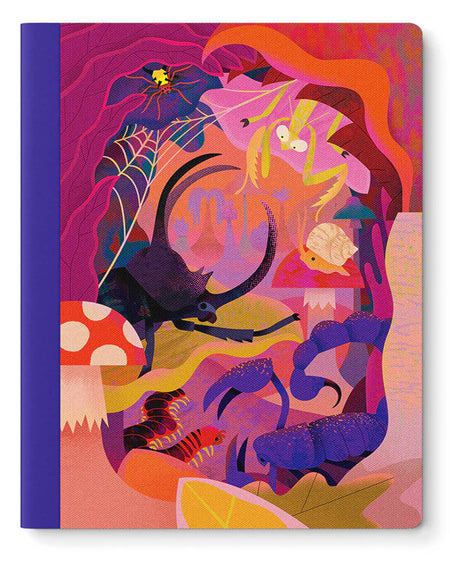 Colourful softcover notebook featuring jungle insects like beetles, scorpions, and praying mantises in a bold, tropical setting. Illustrated by Natasha Durley and stocked by Rebel Romance, this 254 x 203 mm exercise book includes 64 plain pages and a purple spine. A perfect stationery gift for nature lovers, bug fans, and creatives who adore unique and alternative designs.