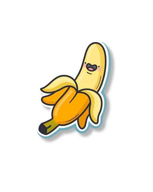 Cartoon banana with a smiling face on a white background