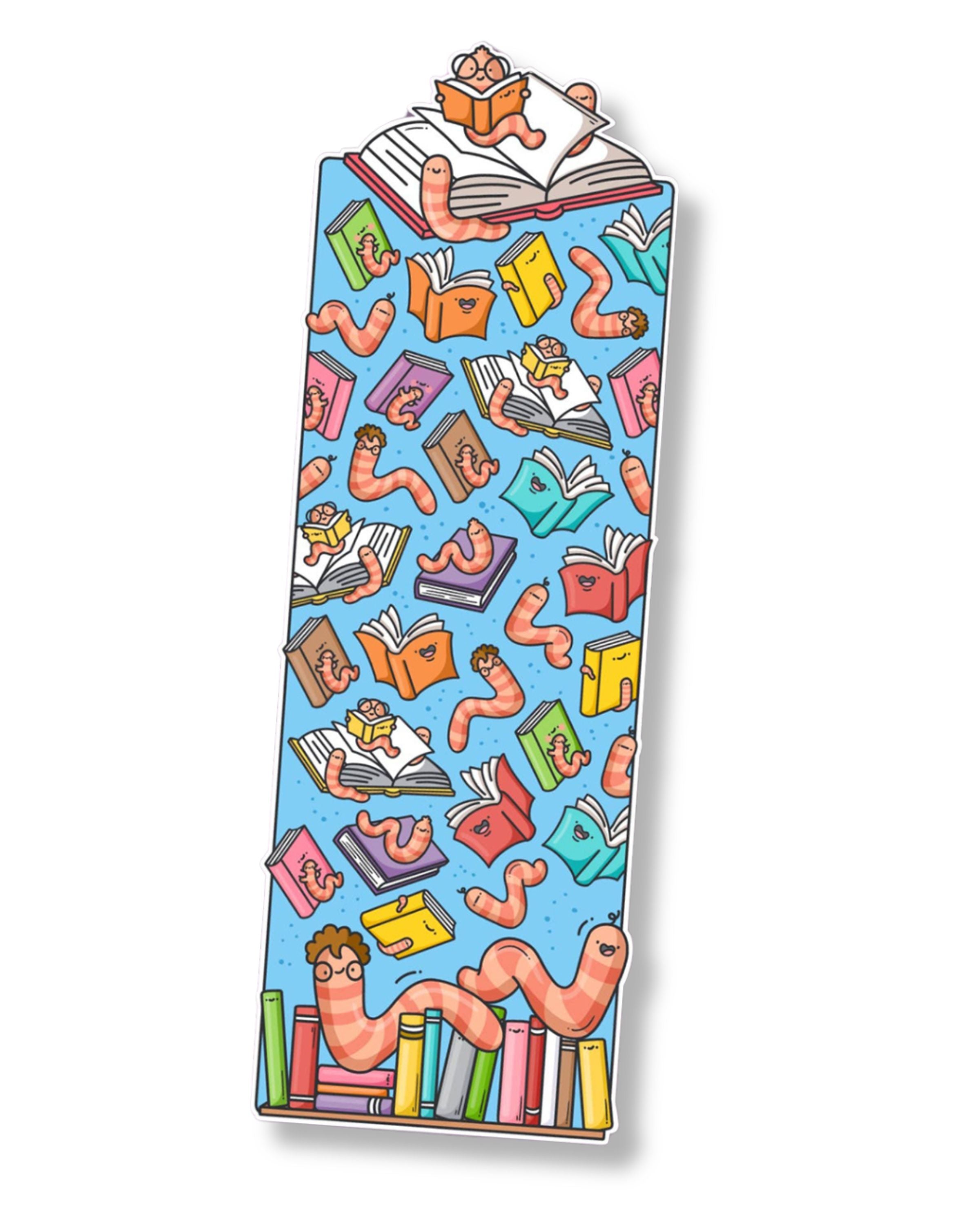 Cute and colourful bookworm bookmark designed by Toastedink, available at Rebel Romance, with a worm reading atop a book stack and more worms among floating books. Set against a bright blue background.
