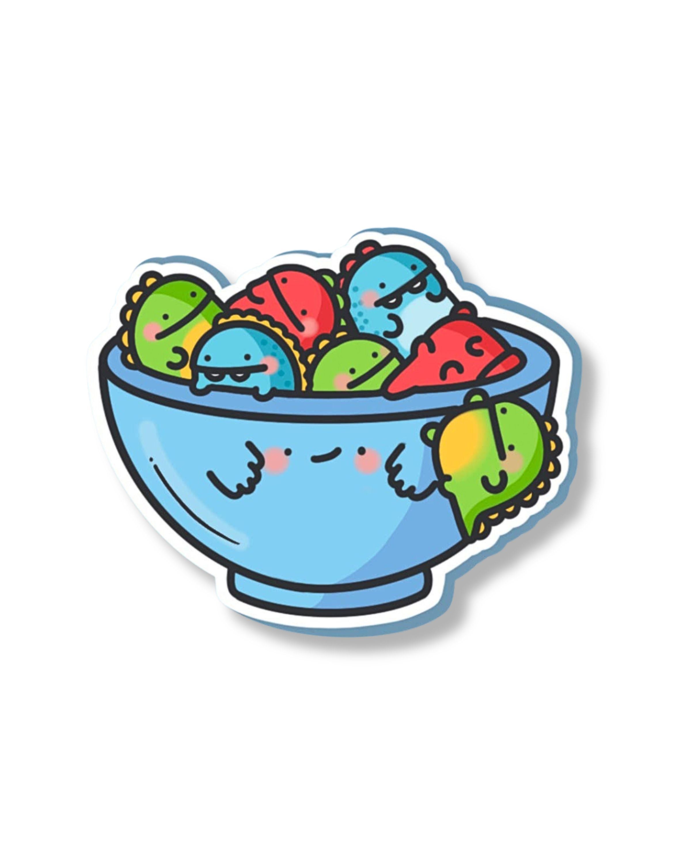 Close-up of Toastedink's Bowl of Dinosaurs vinyl sticker on a blue background, showing detailed kawaii-style dinosaurs in a happy bowl. Fun, waterproof and perfect for laptops or journals. Stocked by UK brand Rebel Romance.