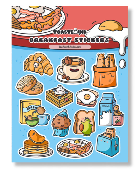 Sheet of cartoon breakfast-themed stickers with various food items on a blue background.