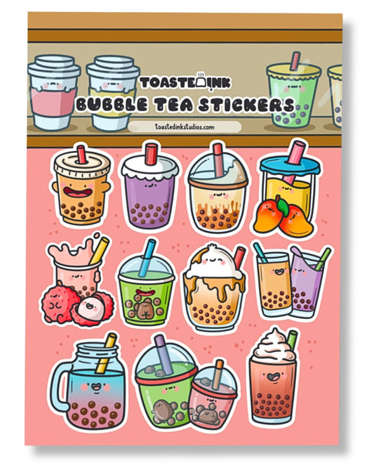 Product image of Toastedink’s Bubble Tea Sticker Sheet, available at Rebel Romance. A pink sheet featuring cute and colourful boba tea characters with cheerful expressions, ideal for stationery addicts and boba drink fans alike.