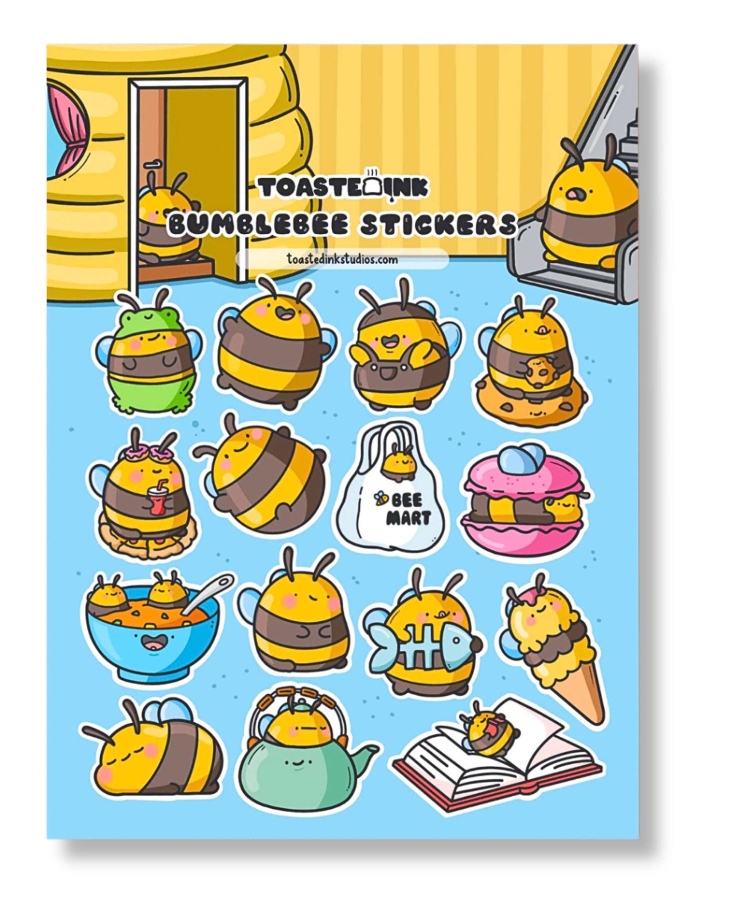 Sheet of cartoon bee stickers with various poses and items on a blue background, featuring the brand 'Toast & Ink'.