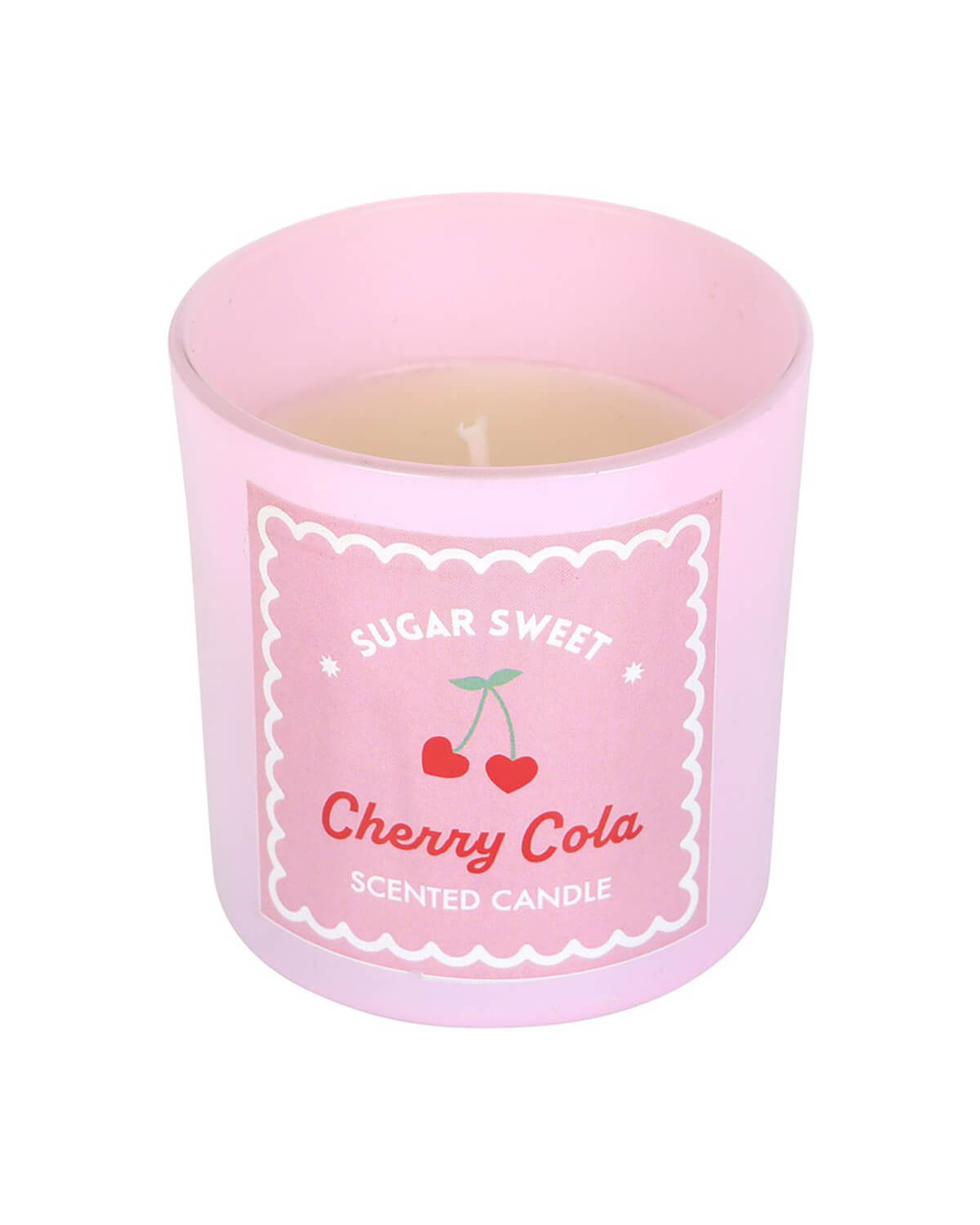 The Sugar Sweet Cherry Cola Candle in a pink glass jar with the same playful label, ready to light up your space.