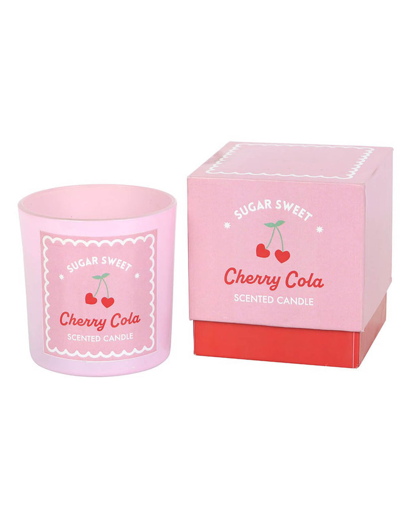  The candle next to its matching pink gift box, both designed with cute cherry cola-themed artwork.