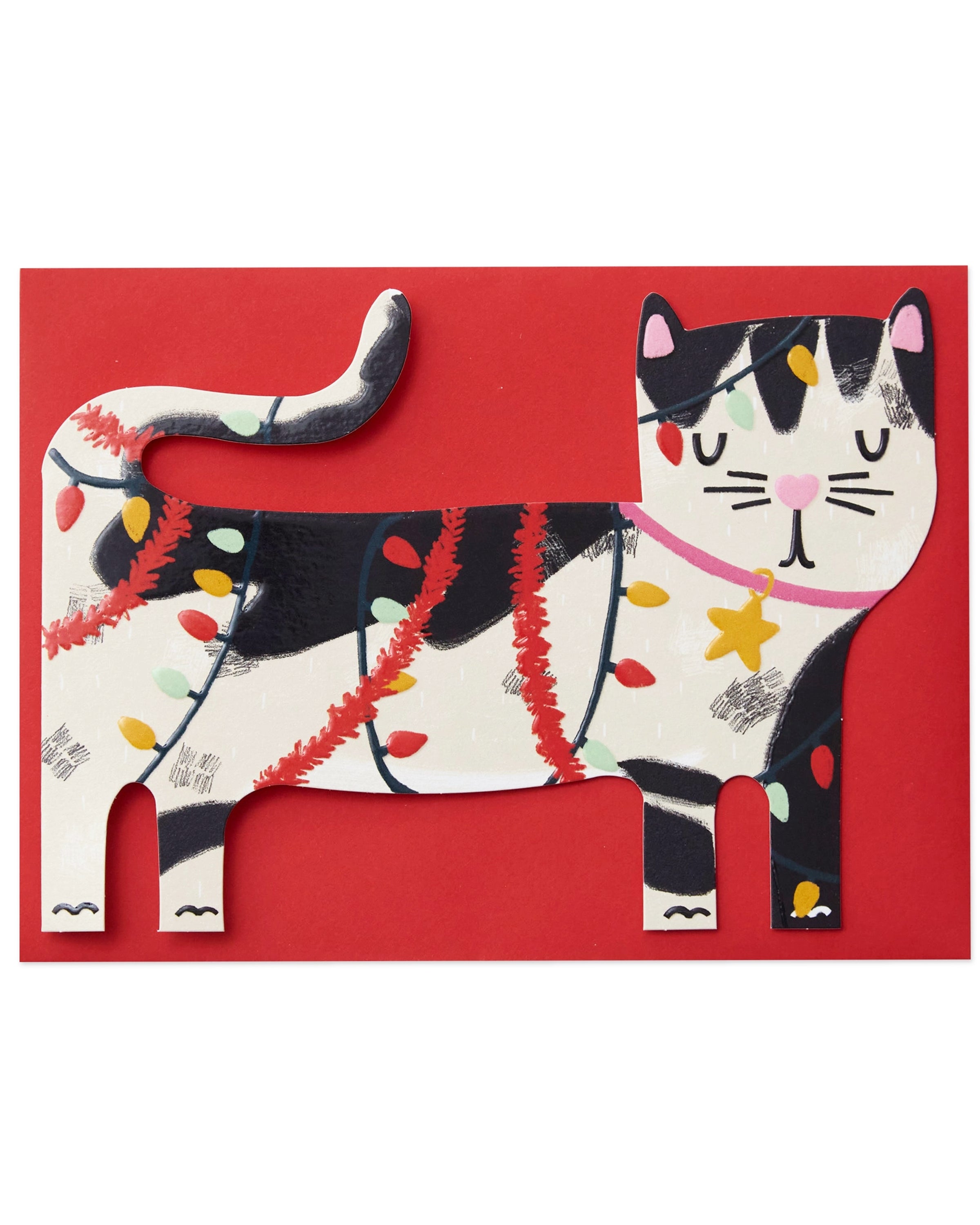 Black and white cat Christmas card featuring a cheeky kitty tangled in red tinsel and multicoloured fairy lights. The die-cut design is finished with embossing and spot UV gloss for a tactile effect, perfect for cat lovers this festive season.