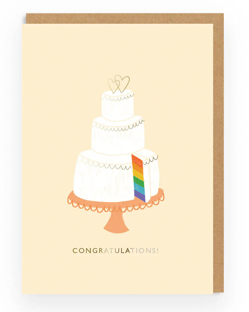 Minimalist LGBTQ+ wedding or celebration card from Rebel Romance featuring a white tiered cake with two hearts on top and a rainbow layer slice revealed. The text “Congratulations!” is printed below in a clean, elegant font. A perfect card for queer weddings, civil partnerships, engagements, or proud moments of love and joy. Ideal for alternative stationery lovers and inclusive gifting.