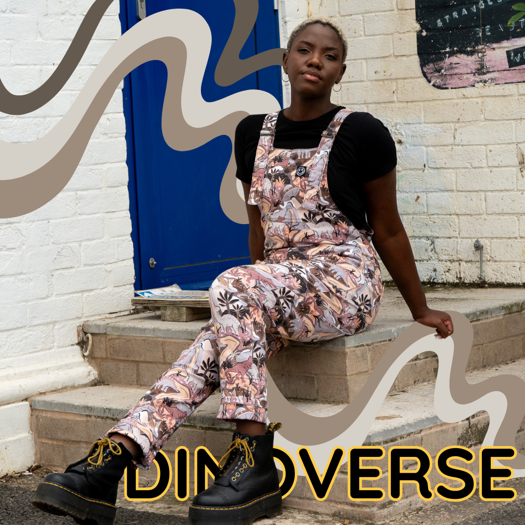 Person wearing a floral jumpsuit sitting on steps with 'Diverse' branding in the foreground.