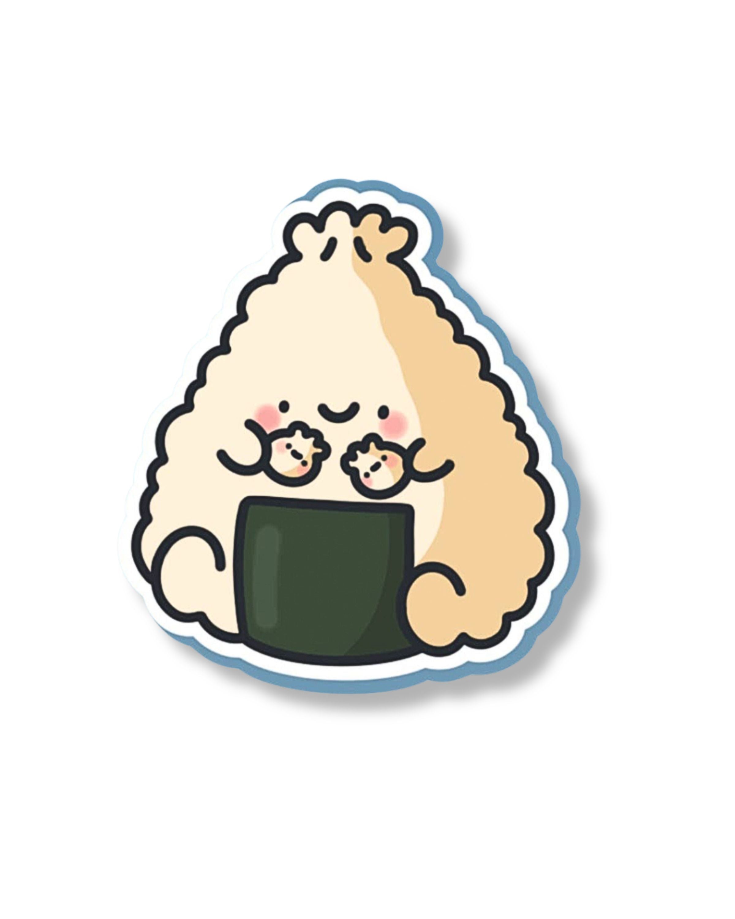 Cute vinyl sticker featuring a smiling dumpling turned onigiri character holding two tiny dumplings, designed by Toastedink. Set against a blue background, this sticker is perfect for laptops, bottles, and notebooks. Sold by Rebel Romance, a UK brand for quirky, alternative millennial style lovers.