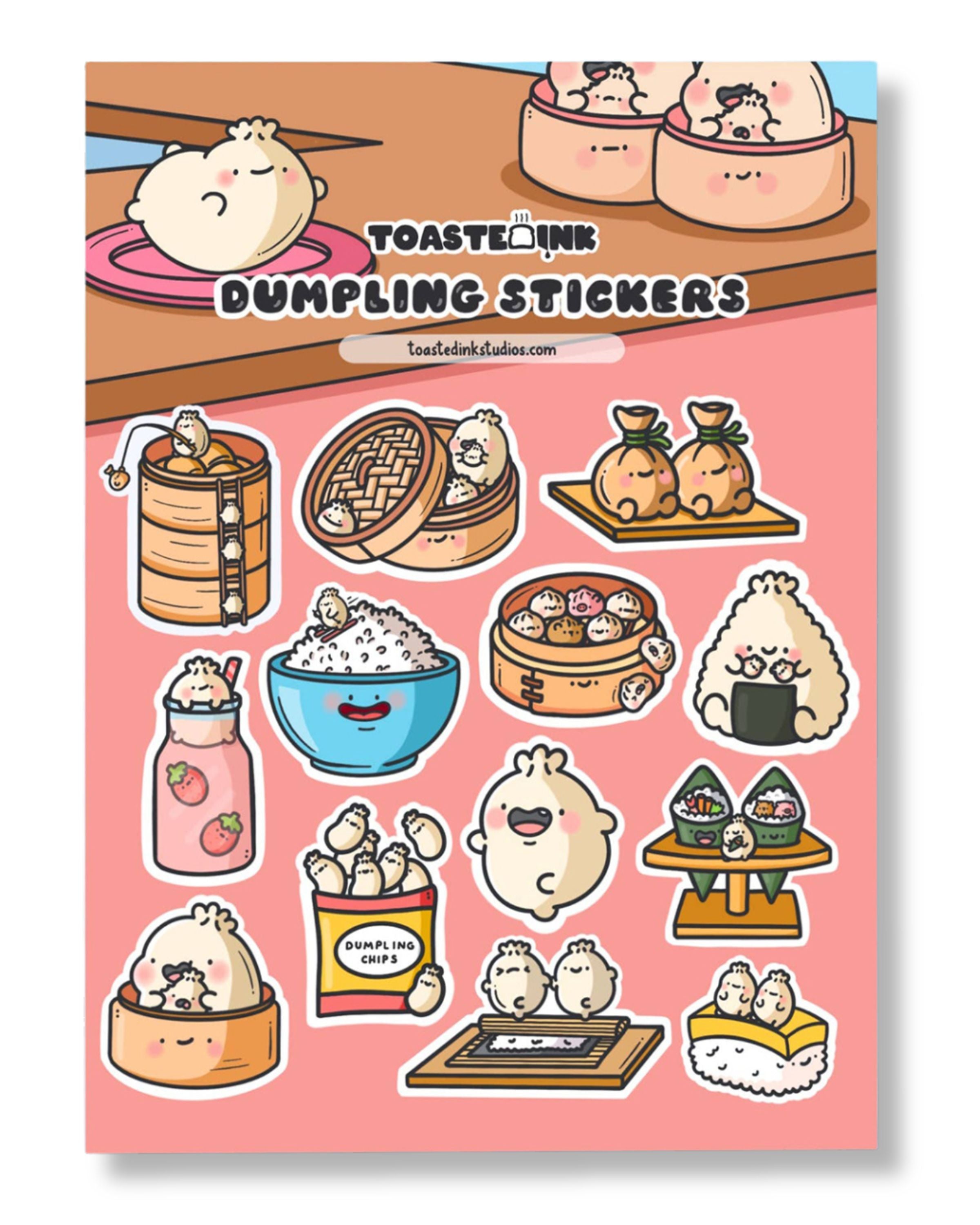 Toastedink's full dumpling sticker sheet showcasing adorable characters in various food settings. Printed on high-quality paper and perfect for decorating. Sold by Rebel Romance, an indie UK brand bringing fun, quirky vibes to your stationery game.