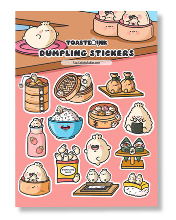 Toastedink's full dumpling sticker sheet showcasing adorable characters in various food settings. Printed on high-quality paper and perfect for decorating. Sold by Rebel Romance, an indie UK brand bringing fun, quirky vibes to your stationery game.