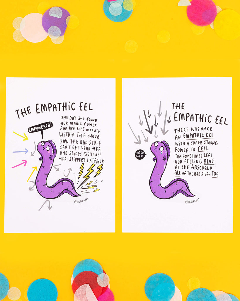 Two colourful A6 postcards featuring Katie Abey’s Empathic Eel character. One shows the eel absorbing bad vibes and feeling blue, while the other shows the empowered eel repelling negativity with rainbow lightning bolts. Quirky, thoughtful, and designed to resonate with empaths and highly sensitive people. Set against a yellow background with rainbow confetti.