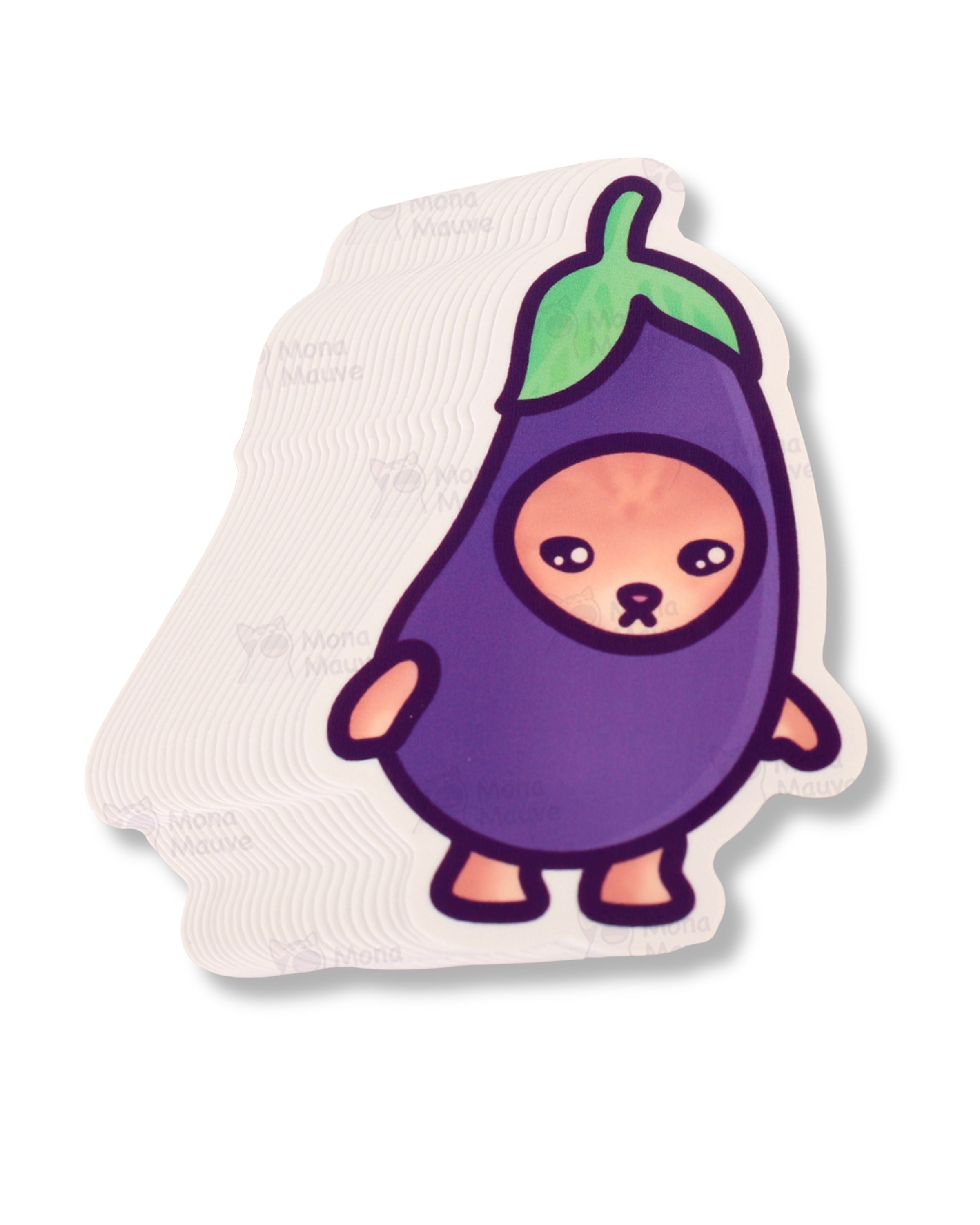 Cartoon character in an eggplant costume on a white background