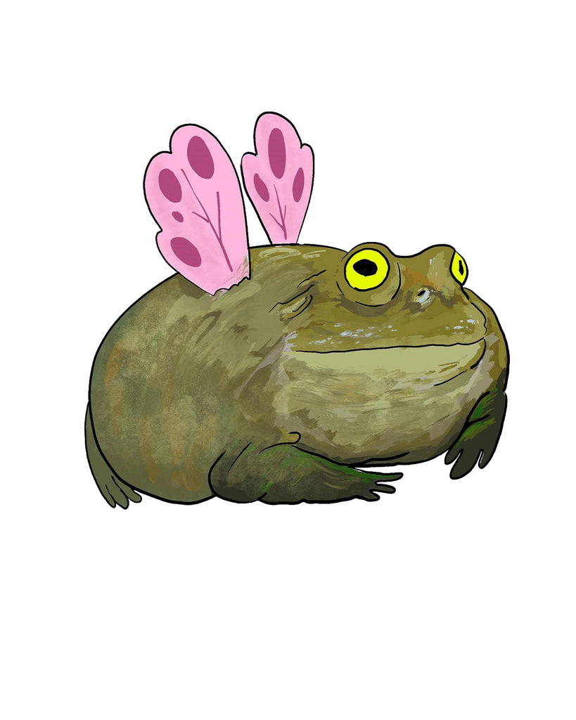 A vinyl sticker featuring a hand-drawn illustration by Nimbob of a chubby green frog with wide yellow eyes and tiny pink fairy wings on its back. The frog has a grumpy yet mystical expression, radiating chaotic fairy energy. The background is a soft pastel gradient with scattered star-shaped sparkles. A fun and whimsical sticker, perfect for frog lovers, fairy fans, and magical beings alike!