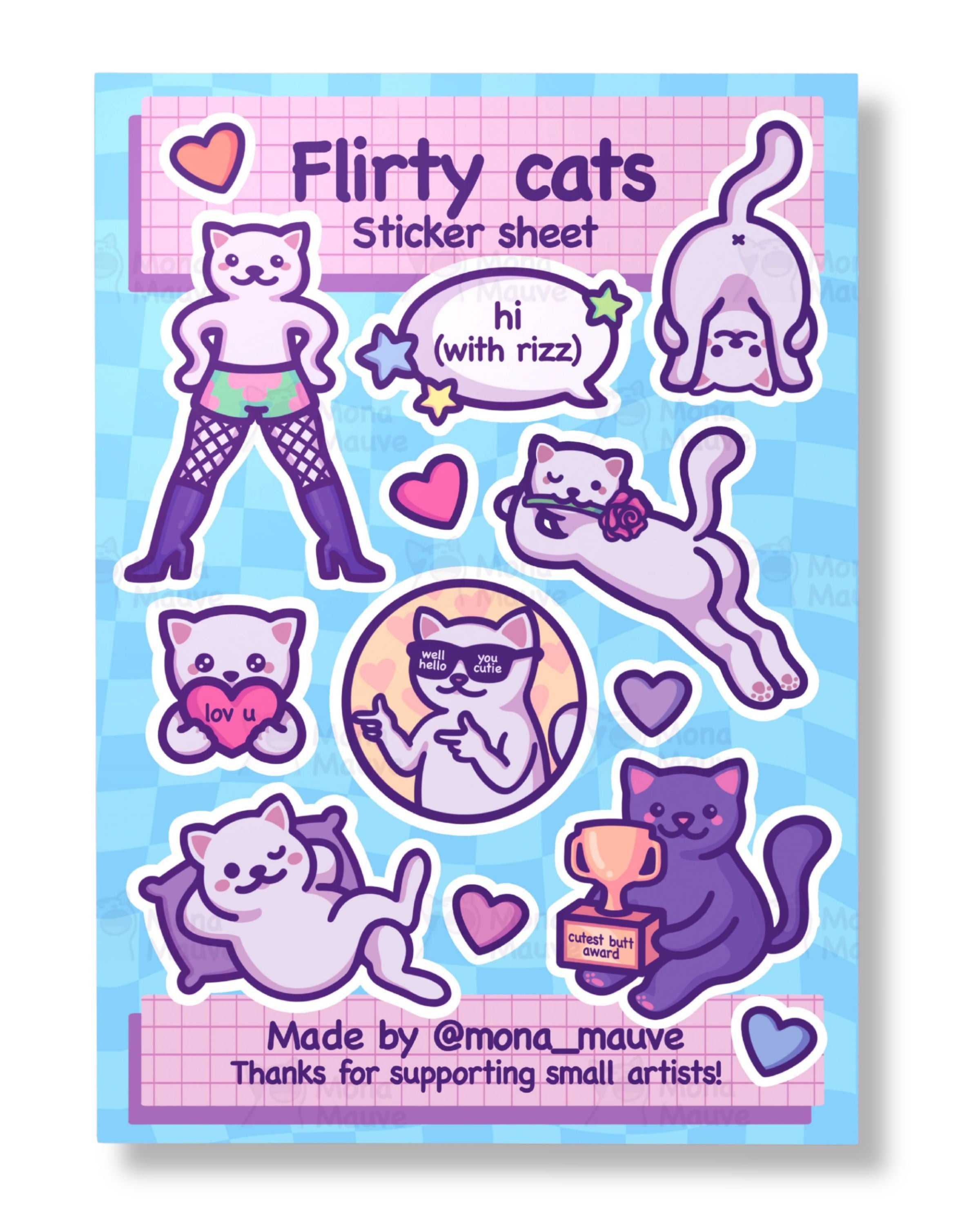 Sticker sheet with cartoon cats and text on a blue and pink background